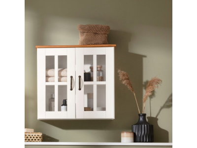 Armário aéreo na cor branco lavado com honey e duas portas de vidro / coleção Alby 